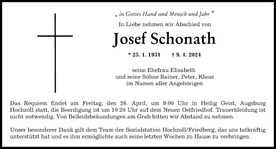 Traueranzeige von Josef Schonath von Augsburger Allgemeine
