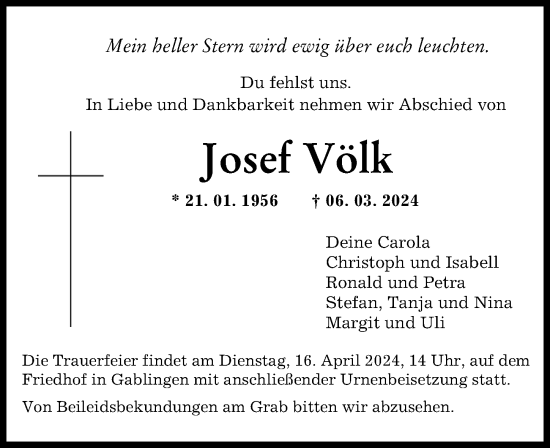 Traueranzeige von Josef Völk von Augsburg-Land