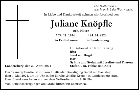 Traueranzeige von Juliane Knöpfle von Günzburger Zeitung