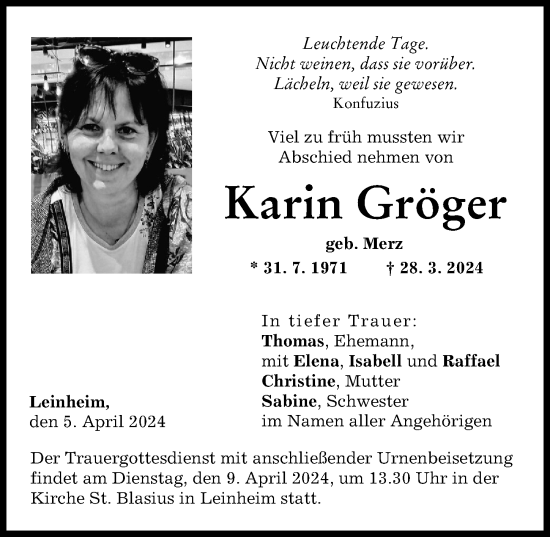 Traueranzeige von Karin Gröger von Günzburger Zeitung