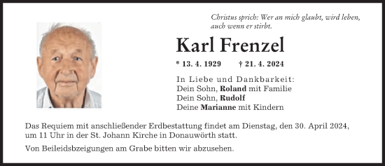 Traueranzeige von Karl Frenzel von Donauwörther Zeitung
