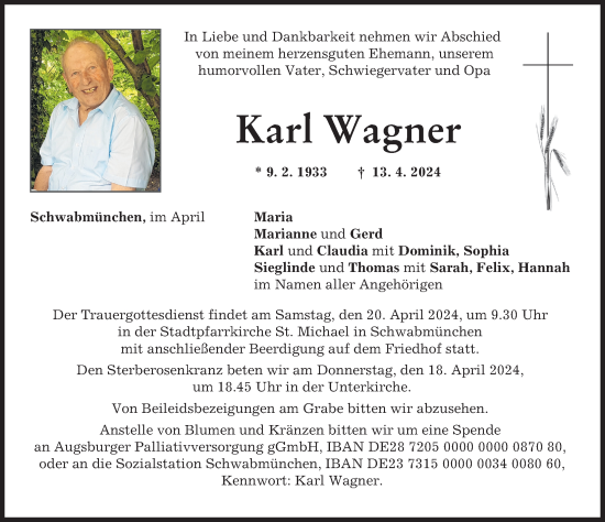 Traueranzeige von Karl Wagner von Schwabmünchner Allgemeine