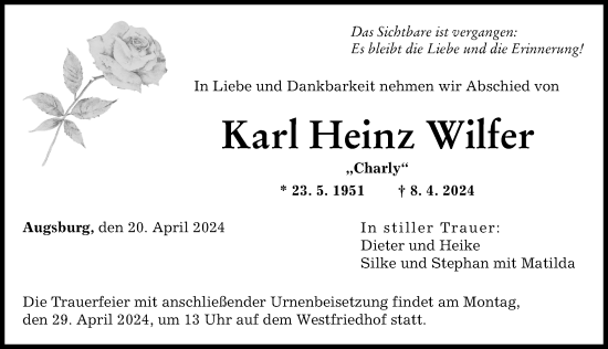 Traueranzeige von Karl Heinz Wilfer von Augsburger Allgemeine