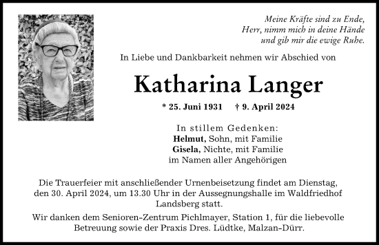 Traueranzeige von Katharina Langer von Landsberger Tagblatt