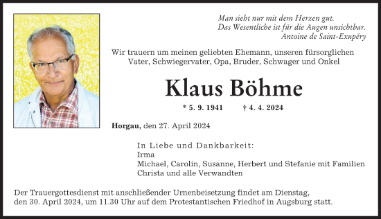 Traueranzeige von Klaus Böhme von Augsburger Allgemeine