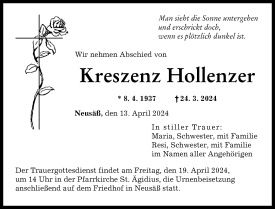 Traueranzeige von Kreszenz Hollenzer von Augsburger Allgemeine