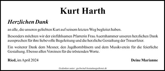 Traueranzeige von Kurt Harth von Mittelschwäbische Nachrichten, Günzburger Zeitung