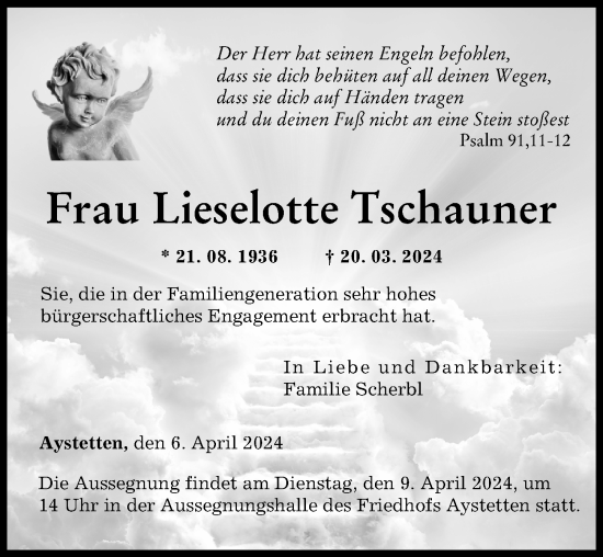 Traueranzeige von Lieselotte Tschauner von Augsburger Allgemeine