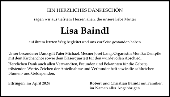 Traueranzeige von Lisa Baindl von Mindelheimer Zeitung