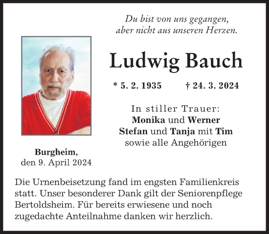 Traueranzeige von Ludwig Bauch von Neuburger Rundschau