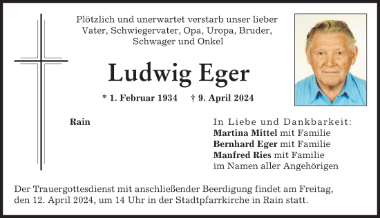 Traueranzeige von Ludwig Eger von Donauwörther Zeitung