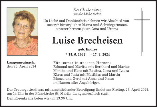 Traueranzeige von Luise Brecheisen von Augsburger Allgemeine