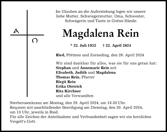 Traueranzeige von Magdalena Rein von Neuburger Rundschau