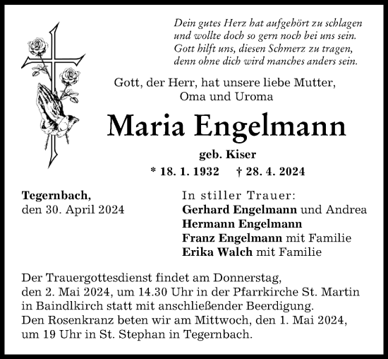 Traueranzeige von Maria Engelmann von Friedberger Allgemeine