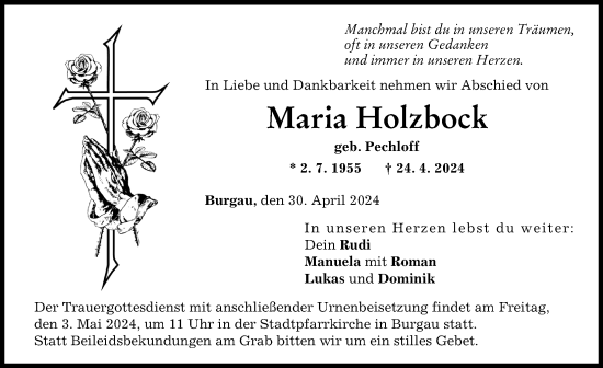 Traueranzeige von Maria Holzbock von Günzburger Zeitung
