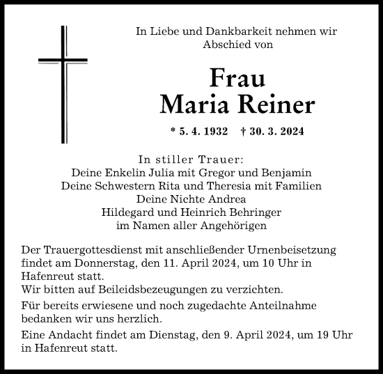 Traueranzeige von Maria Reiner von Donauwörther Zeitung