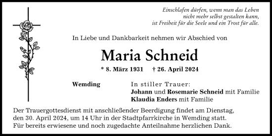 Traueranzeige von Maria Schneid von Donauwörther Zeitung