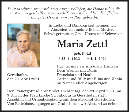 Traueranzeige von Maria Zettl von Augsburger Allgemeine