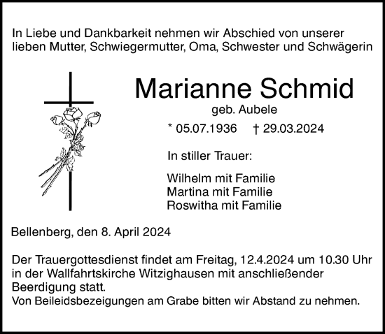 Traueranzeige von Marianne Schmid von Augsburger Allgemeine, Neu-Ulmer Zeitung