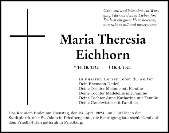 Traueranzeige von Maria Theresia Eichhorn von Augsburger Allgemeine