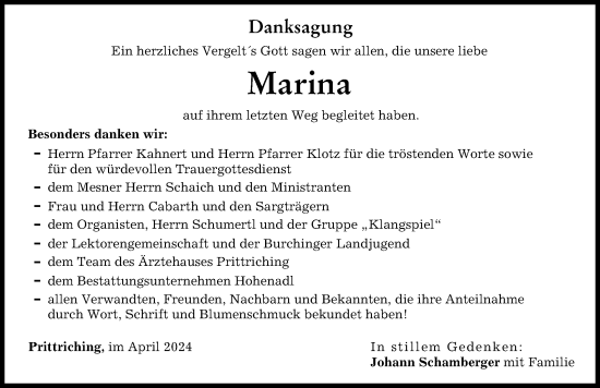 Traueranzeige von Marina  von Landsberger Tagblatt