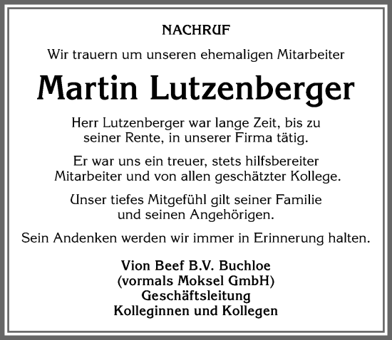 Traueranzeige von Martin Lutzenberger von Schwabmünchner Allgemeine