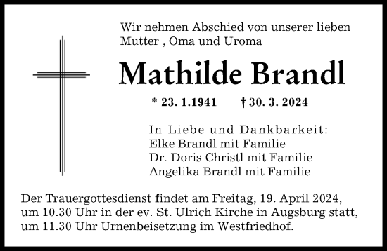 Traueranzeige von Mathilde Brandl von Augsburger Allgemeine