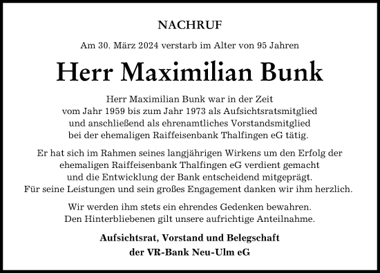 Traueranzeige von Maximilian Bunk von Neu-Ulmer Zeitung
