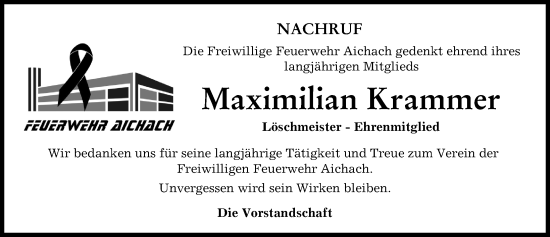 Traueranzeige von Maximilian Krammer von Aichacher Nachrichten