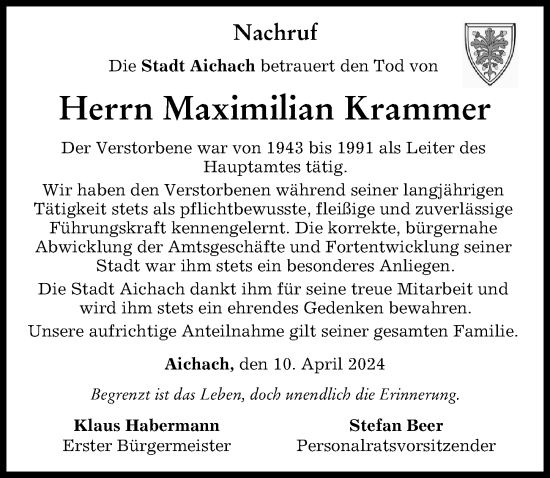 Traueranzeige von Maximilian Krammer von Aichacher Nachrichten