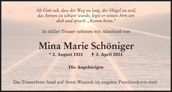 Traueranzeige von Mina Marie Schöniger von Mindelheimer Zeitung
