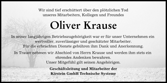 Traueranzeige von Oliver Krause von Augsburger Allgemeine