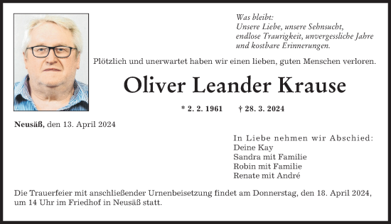 Traueranzeige von Oliver Leander Krause von Augsburger Allgemeine