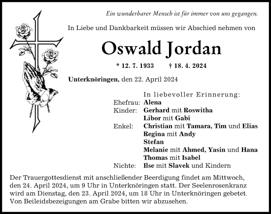Traueranzeige von Oswald Jordan von Günzburger Zeitung