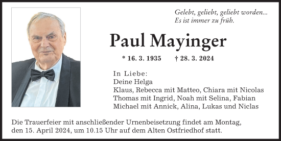 Traueranzeige von Paul Mayinger von Augsburger Allgemeine