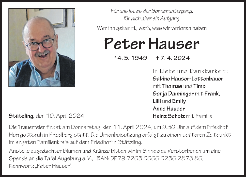  Traueranzeige für Peter Hauser vom 10.04.2024 aus Friedberger Allgemeine, Augsburger Allgemeine