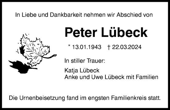 Traueranzeige von Peter Lübeck von Augsburger Allgemeine, Neu-Ulmer Zeitung