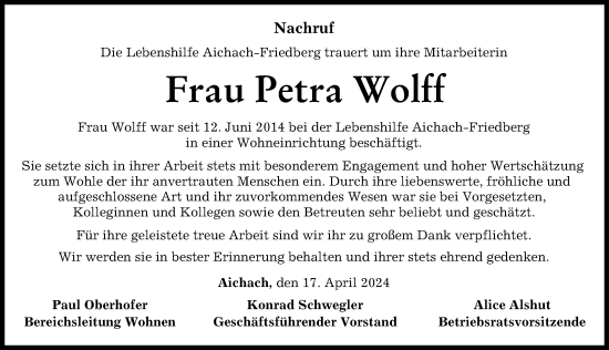 Traueranzeige von Petra Wolff von Augsburger Allgemeine