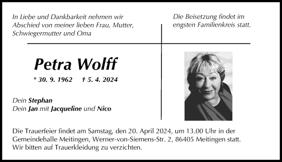Traueranzeige von Petra Wolff von Augsburger Allgemeine