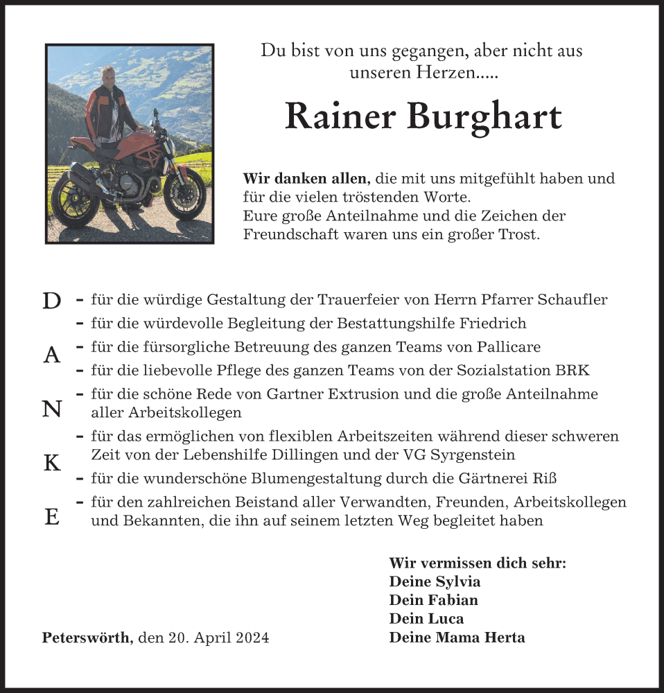  Traueranzeige für Rainer Burghart vom 20.04.2024 aus Donau Zeitung