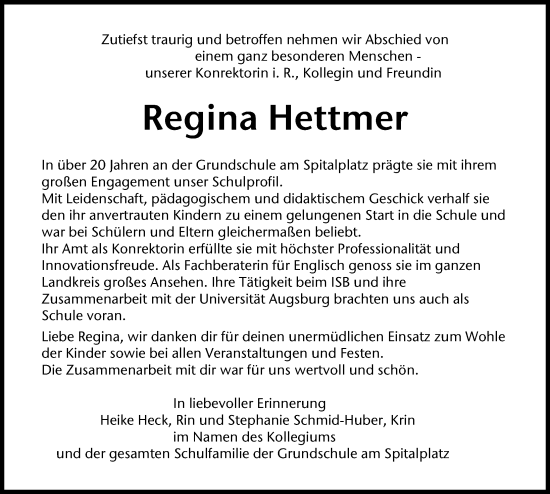 Traueranzeige von Regina Hettmer von Landsberger Tagblatt