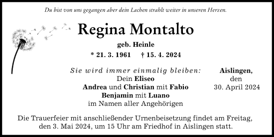 Traueranzeige von Regina Montalto von Günzburger Zeitung, Donau Zeitung