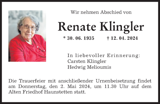 Traueranzeige von Renate Klingler von Augsburger Allgemeine