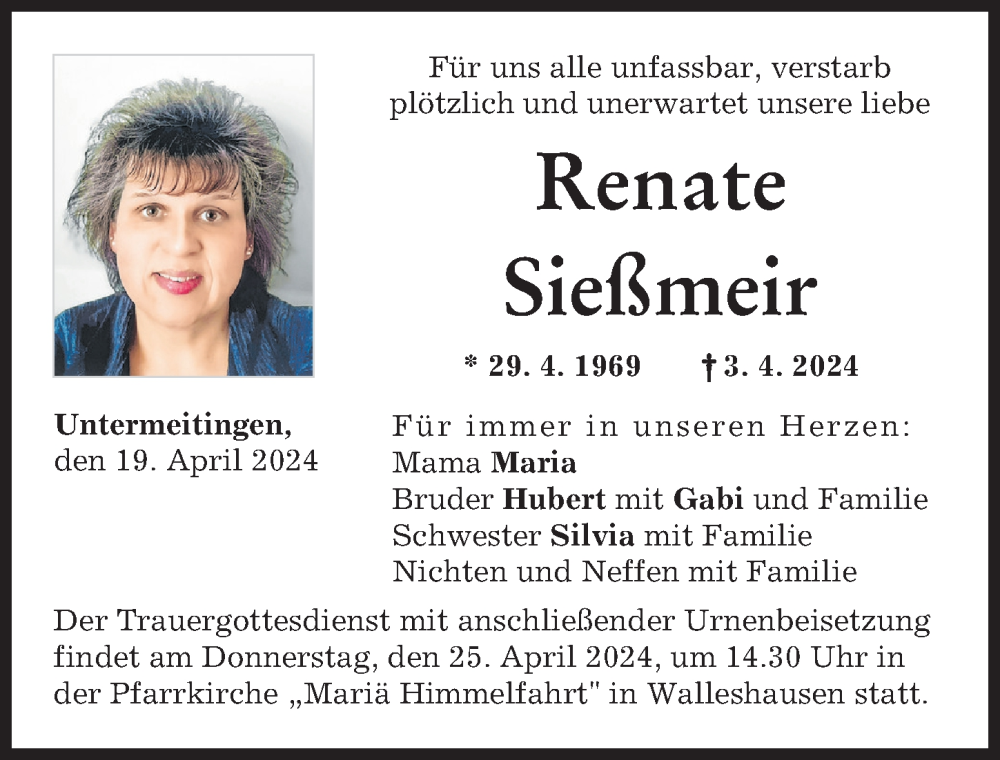  Traueranzeige für Renate Sießmeir vom 19.04.2024 aus Landsberger Tagblatt, Schwabmünchner Allgemeine