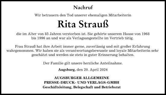 Traueranzeige von Rita Strauß von Augsburg-Land