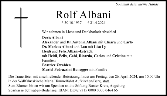 Traueranzeige von Rolf Albani von Augsburg-Land, Augsburger Allgemeine