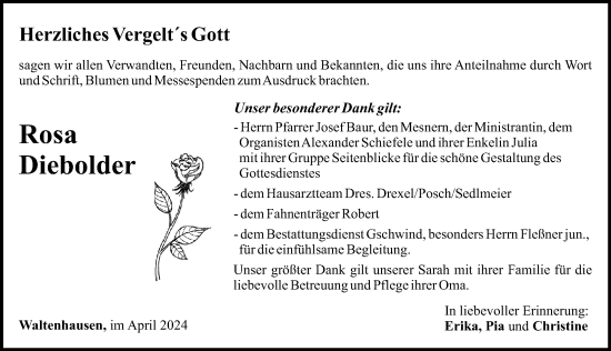 Traueranzeige von Rosa Diebolder von Mittelschwäbische Nachrichten