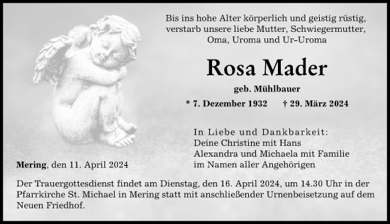 Traueranzeige von Rosa Mader von Friedberger Allgemeine