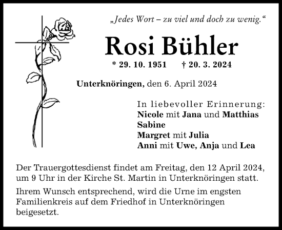 Traueranzeige von Rosi Bühler von Günzburger Zeitung