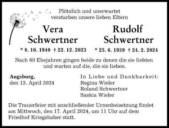 Traueranzeige von Rudolf Schwertner von Augsburger Allgemeine